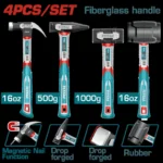 Kit Martillo Combo Mazo Mango Fibra 4 Piezas Total Thch6004 - Imagen 2